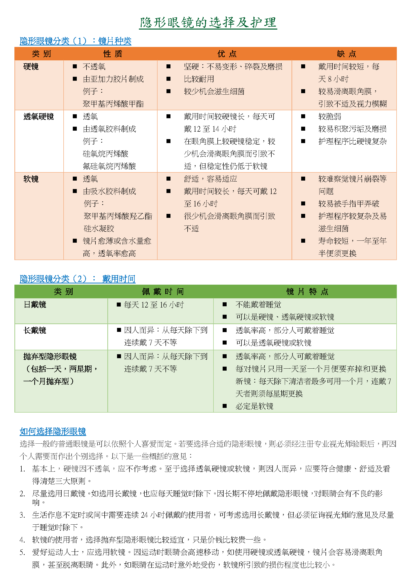 隐形眼镜的选择及护理